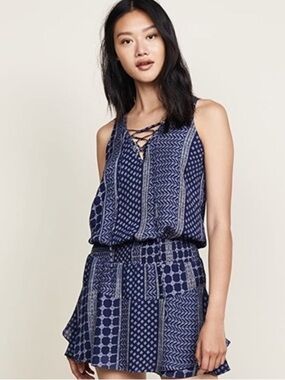 Ramy Brook Navy & White Lace-Up Printed Mini Dress Size XS